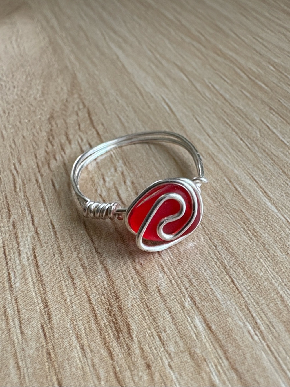 Artisan Handcrafted Silver Plated Wire Wrapped Red Sea Glass Swirl Ring - Size 8